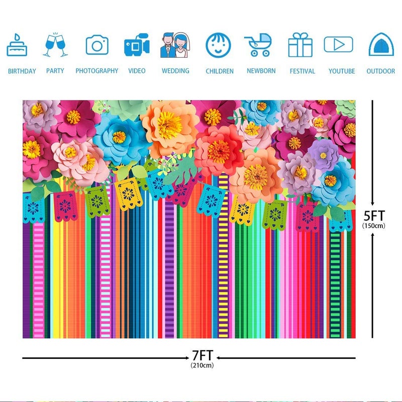 Ticuenicoa 7x5ft Mexican Fiesta Backdrop Photobooth Flowers Fiesta Background Drop Cinco De Mayo Backdrop for Pictures Floral Stripes Flags Birthday Party Mexican Party Decoration Photo Booth Props - Image 3